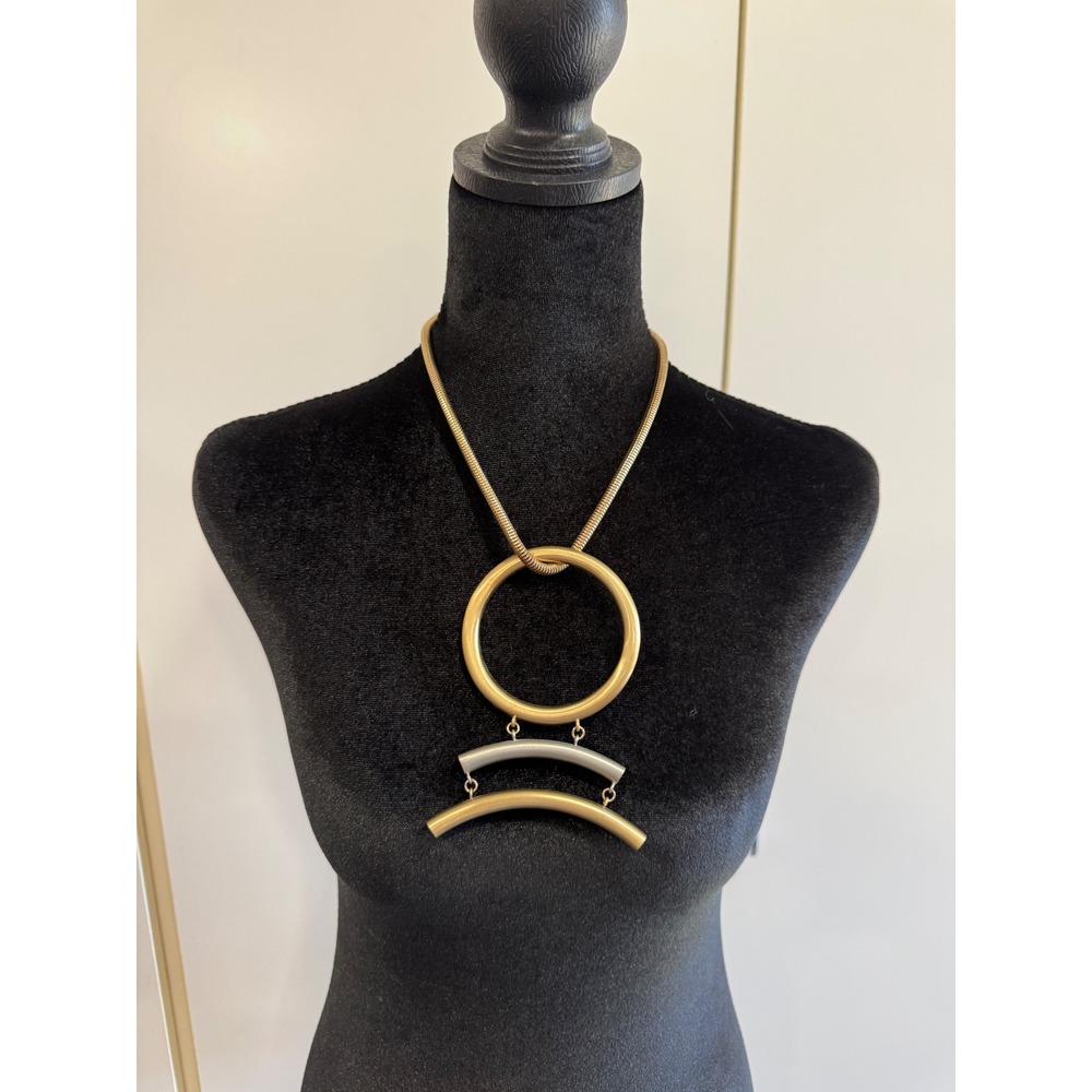 Mixed Metal Geometric Statement Necklace Gold Silver Tone Snake Chain 20 Inch